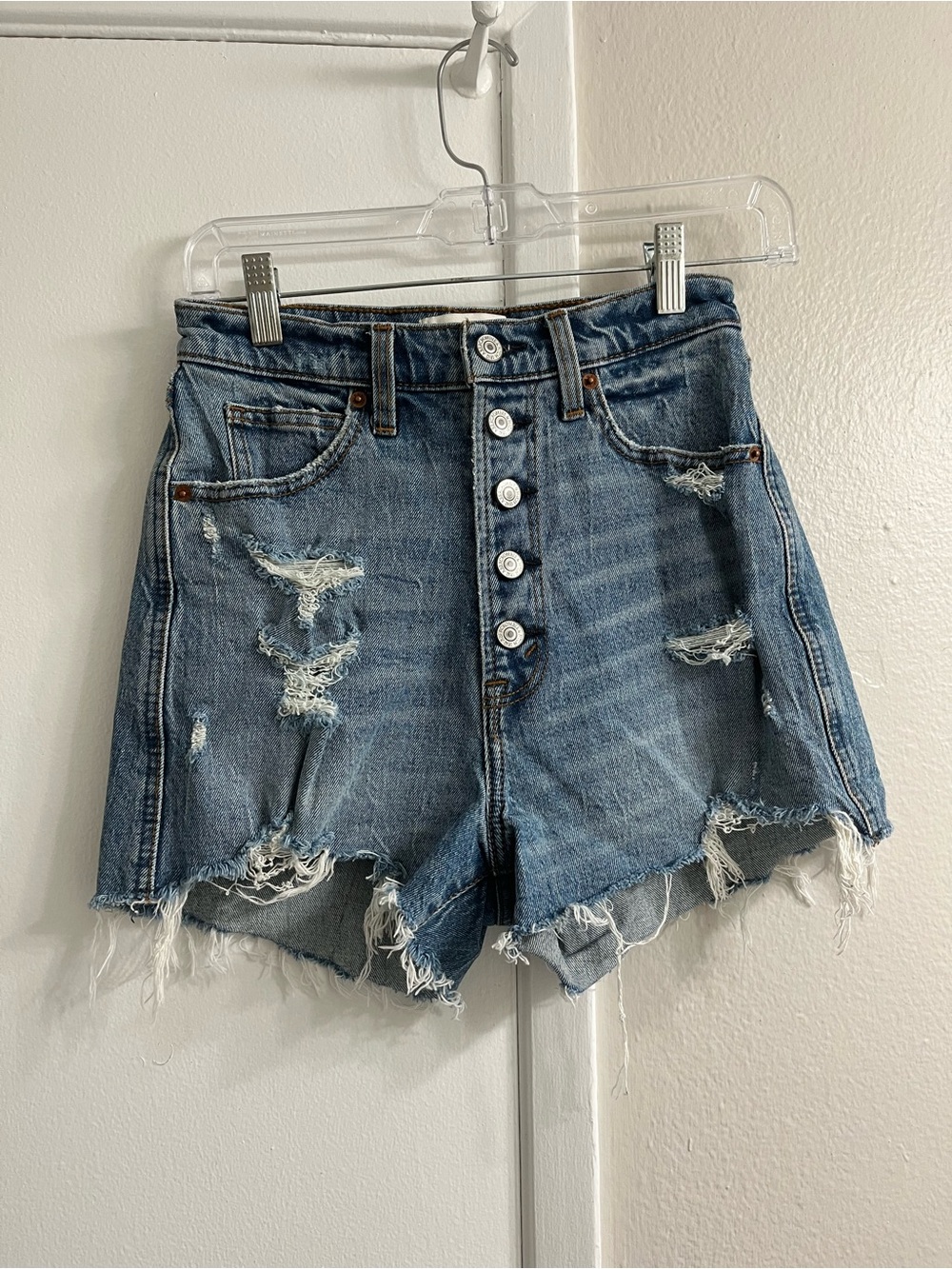 Abercrombie & Fitch Distressed Button-Front Denim Shorts - Blue